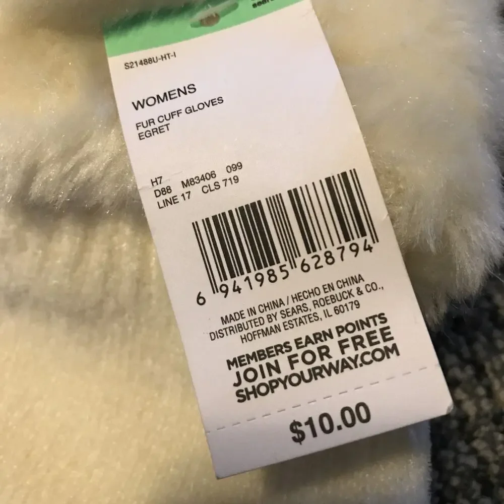 Sears NWT‎ Womens Fur Cuff Gloves Egret OSFM
